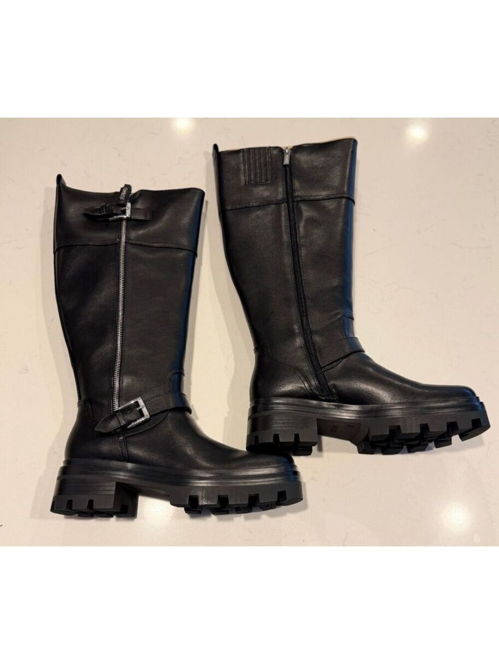 GUESS Black Lynnie Tall Wide Calf Buckle Moto Lug Boots Women Size 9